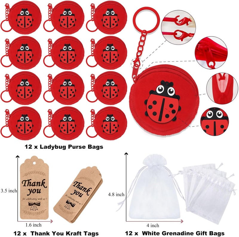 Elecrainbow 36 Pack Ladybug Change Purses Set Include 12 Ladybug Wallets with Keyrings, 12 Thank You Tags and 12 Organza Bags for Ladybug 1st Birthday Baby Shower Birthday Party Decoration,Red - Image 2